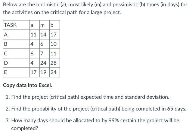 a a E 14 Task a b d e 11 4 6 4 17 b 14 6 7 24 19