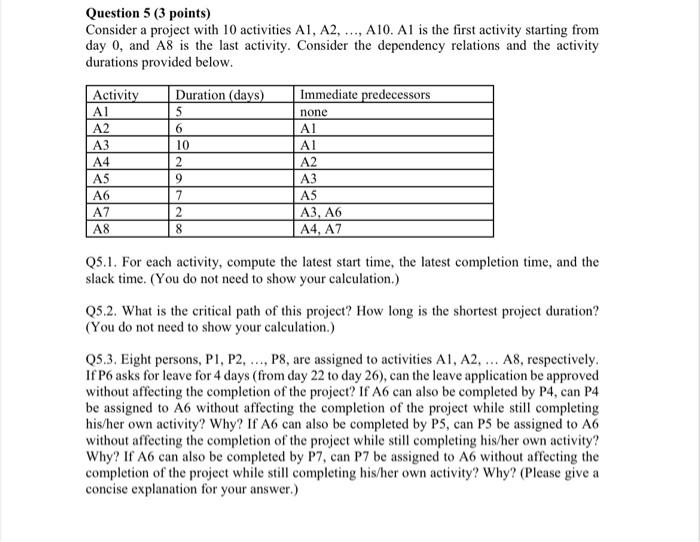 Question 5 ( 3 points) Consider a project with 10