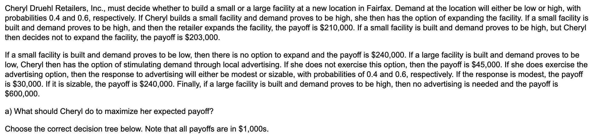 Cheryl Druehl Retailers, Inc., must decide