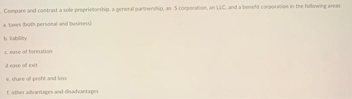Compare and contrast a sole proprietorship, a