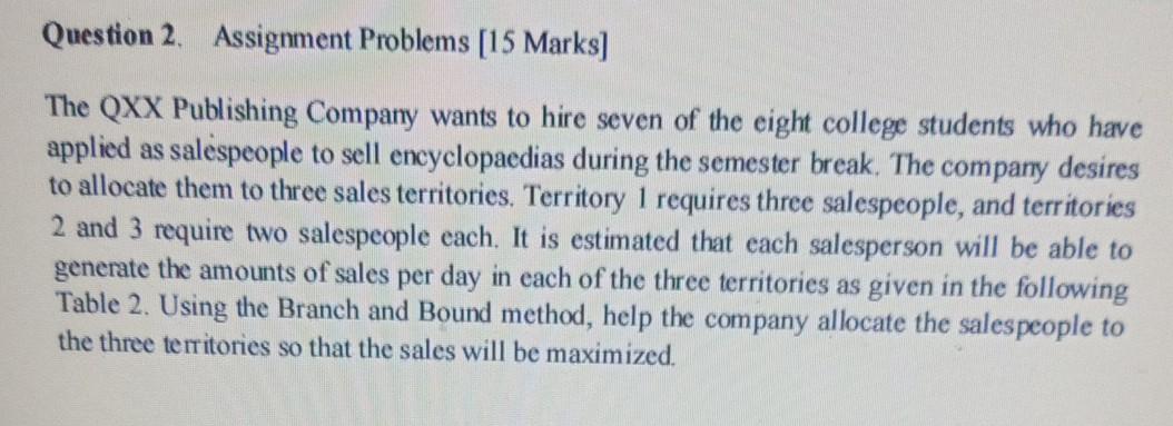 Question 2. Assignment Problems [15 Marks] The