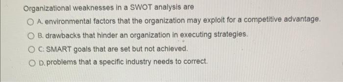 Organizational weaknesses in a SWOT analysis are