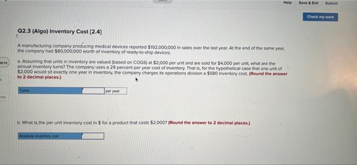 Help Save & Exit Submit Check my work 02.3 (Algo)