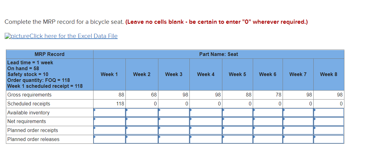 Complete the MRP record for a bicycle seat.
