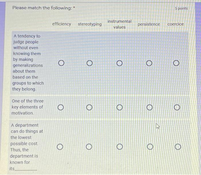 Please match the following: * 5 points efficiency