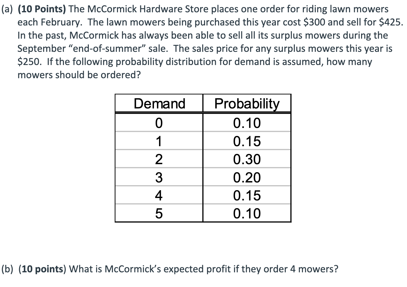 (a) (10 Points) The McCormick Hardware Store