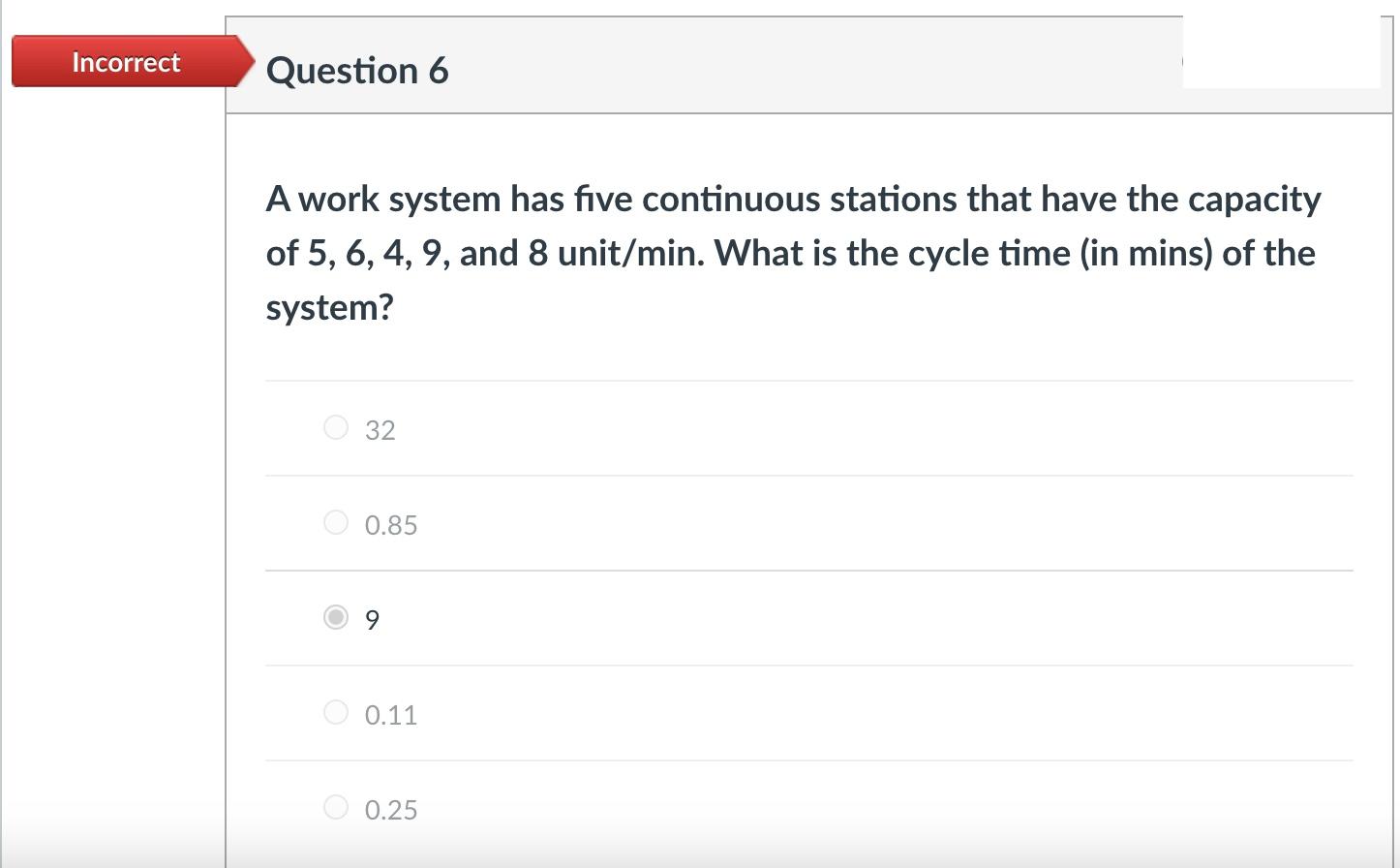 Incorrect Question 6 A work system has five