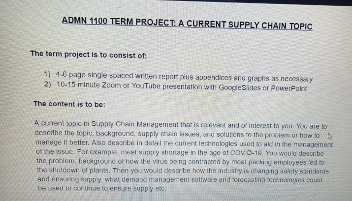 ADMN 1100 TERM PROJECT: A CURRENT SUPPLY CHAIN