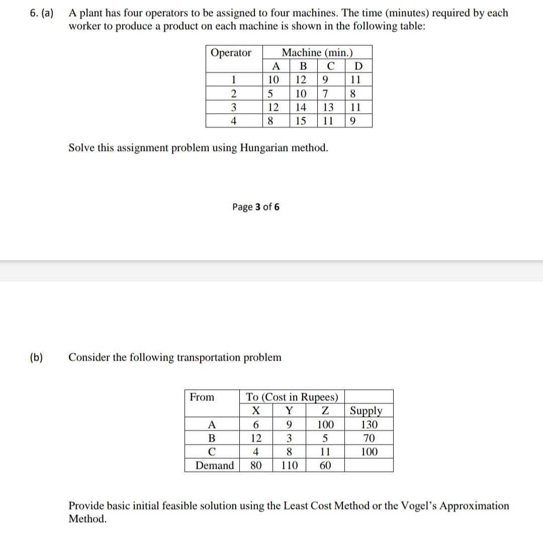 6. (a) A plant has four operators to be assigned