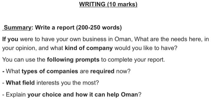 WRITING (10 marks) Summary: Write a report