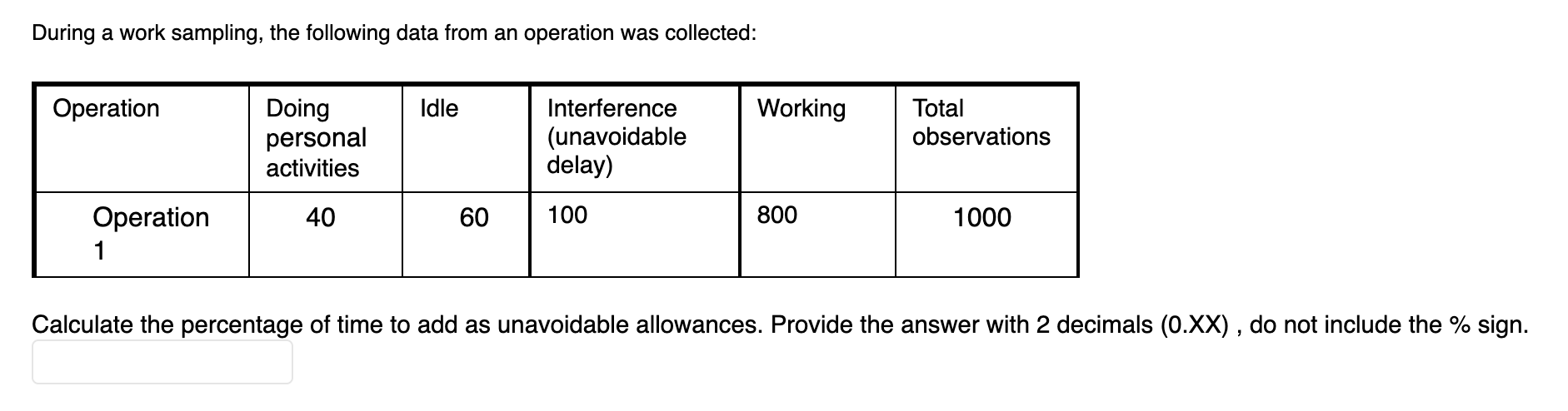 During a work sampling, the following data from