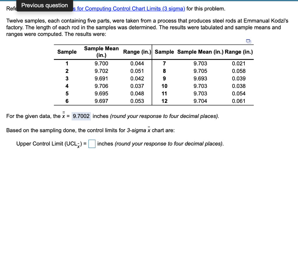 Table is as follows Sample Size, n Mean Factor,
