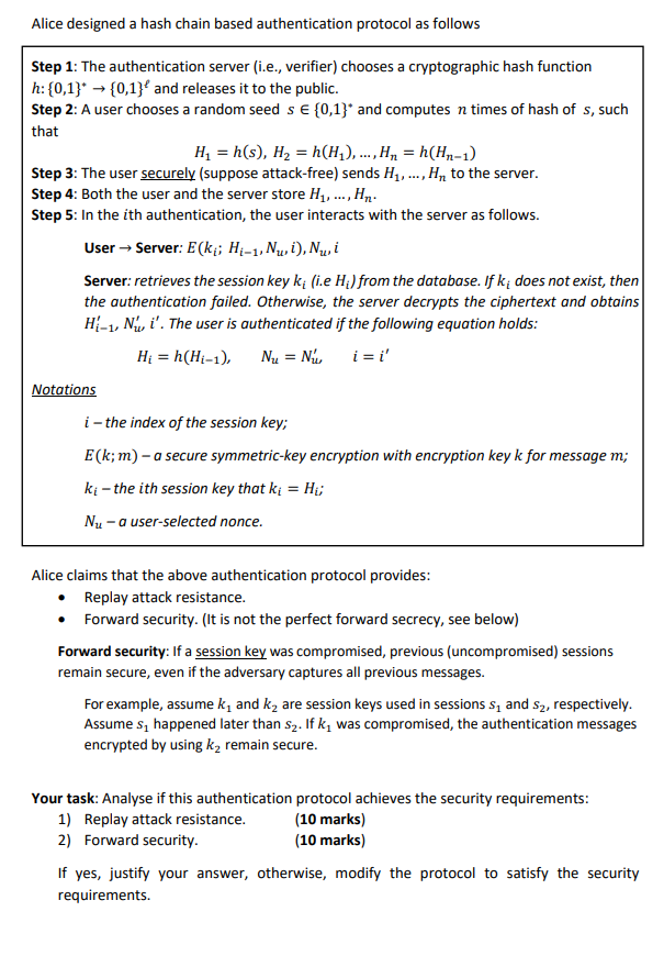 Alice designed a hash chain based authentication