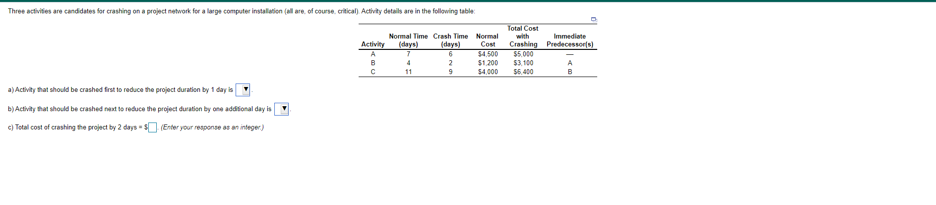 The dropdowns for a and b says "A, B, or C" for
