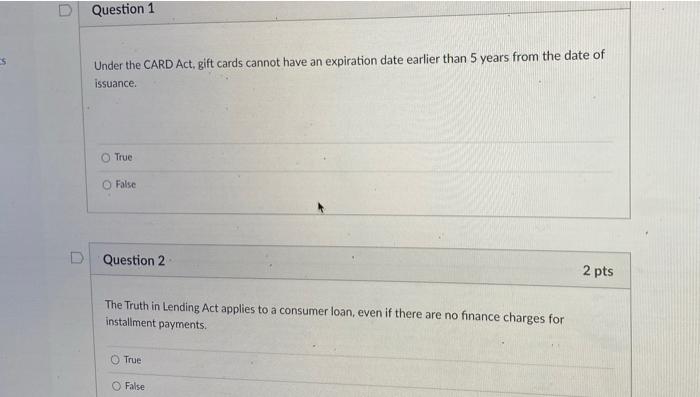 Question 1 5 Under the CARD Act, gift cards
