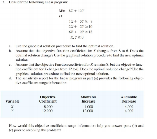 3. Consider the following linear program: Min 8X
