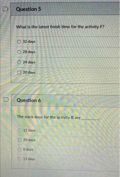 Activity Time Predecessor A 8 B 4 A C 5 B, F D 12