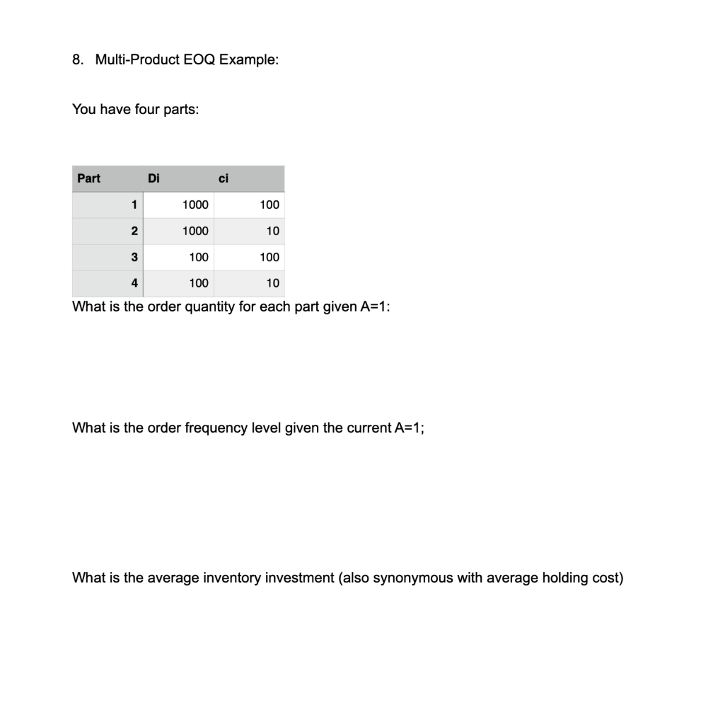 8. Multi-Product EOQ Example: You have four