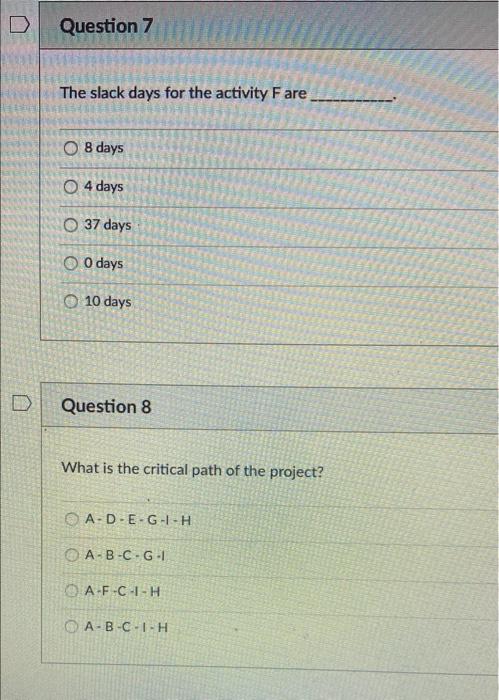 Activity Time Predecessor A 8 B 4 A C 5 B, F D 12