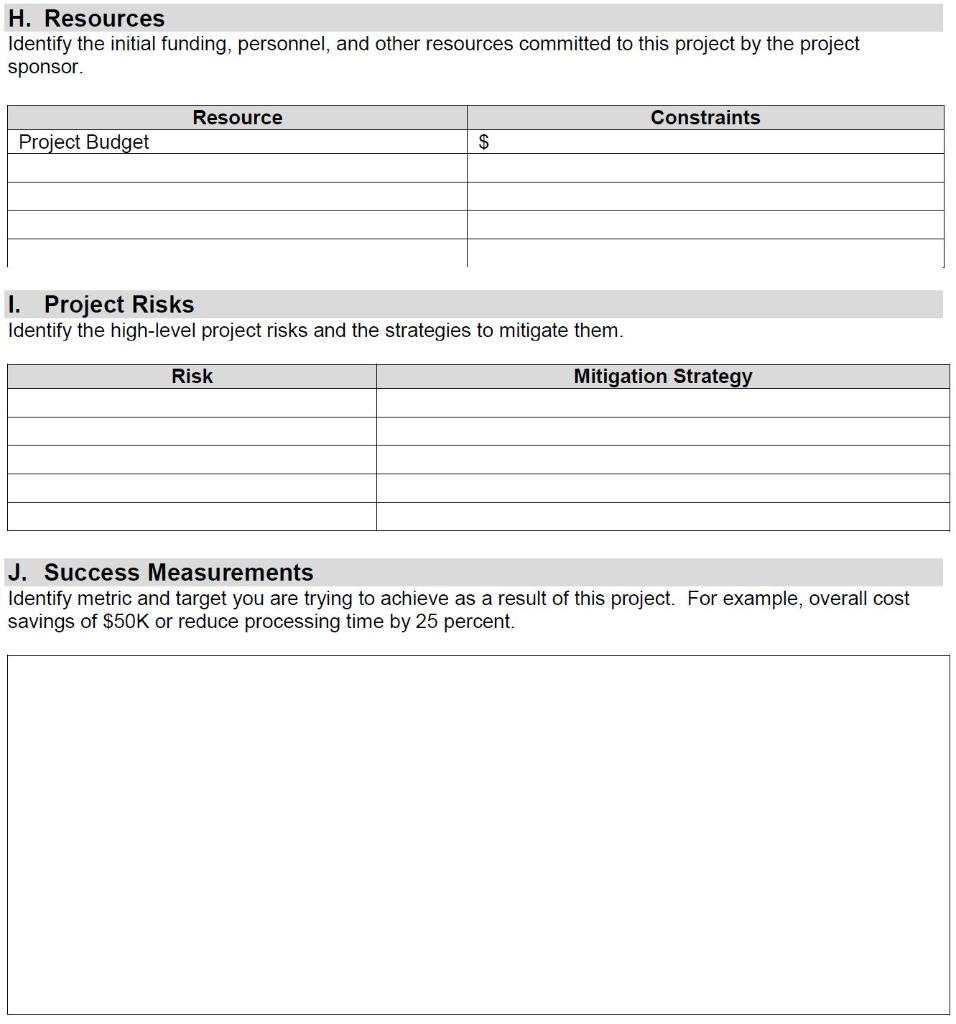 Please answer the project charter A-J. PLEASE