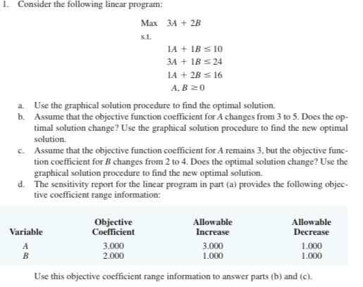 1. Consider the following linear program: Max 3A