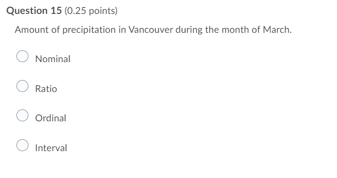 Question 15 (0.25 points) Amount of precipitation