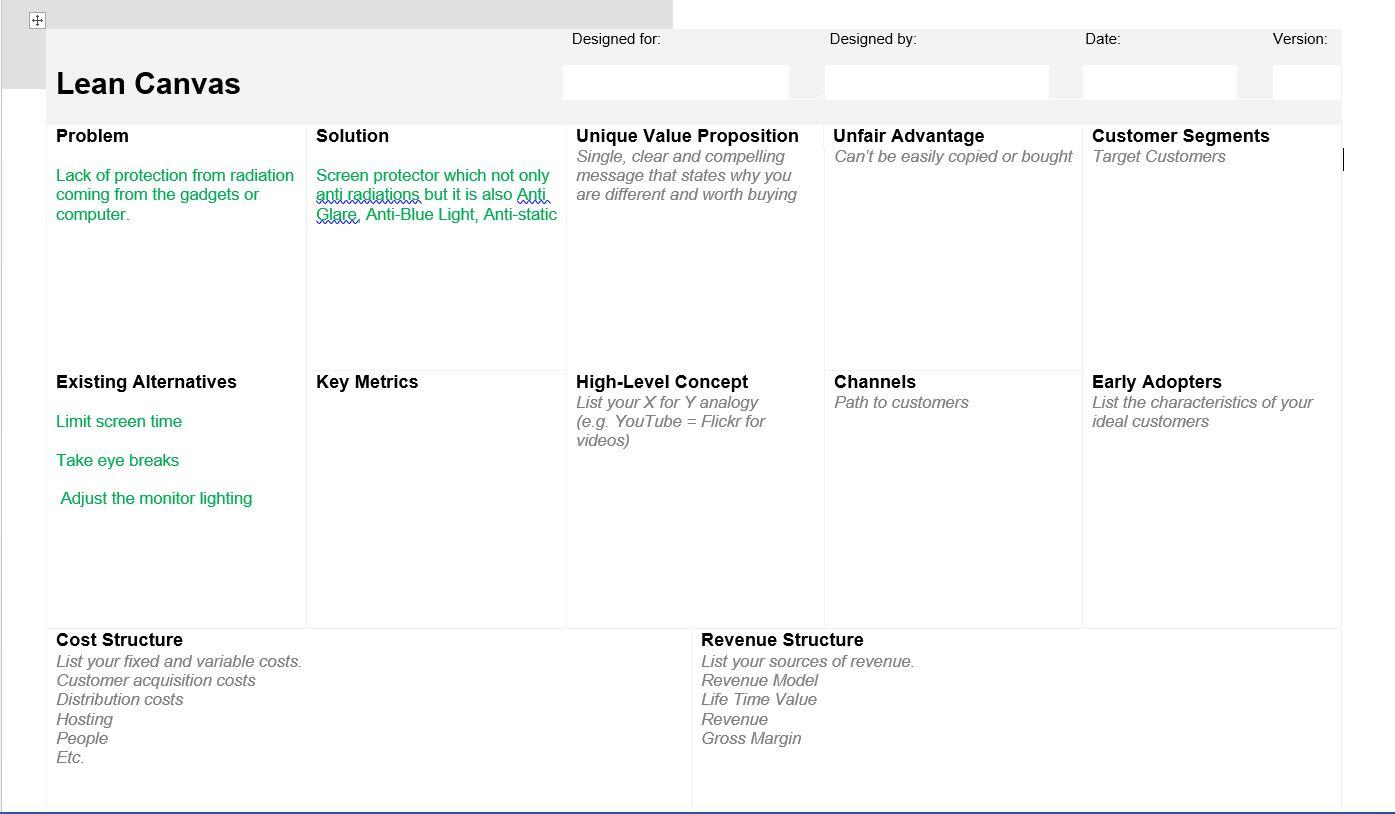 Please fill out this "LEAN CANVAS" Product Name: