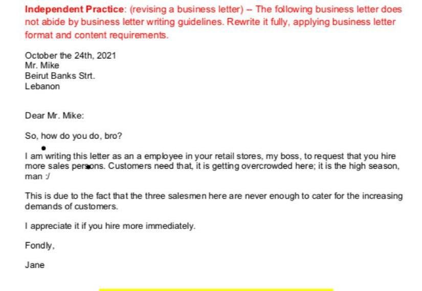 Independent Practice: (revising a business