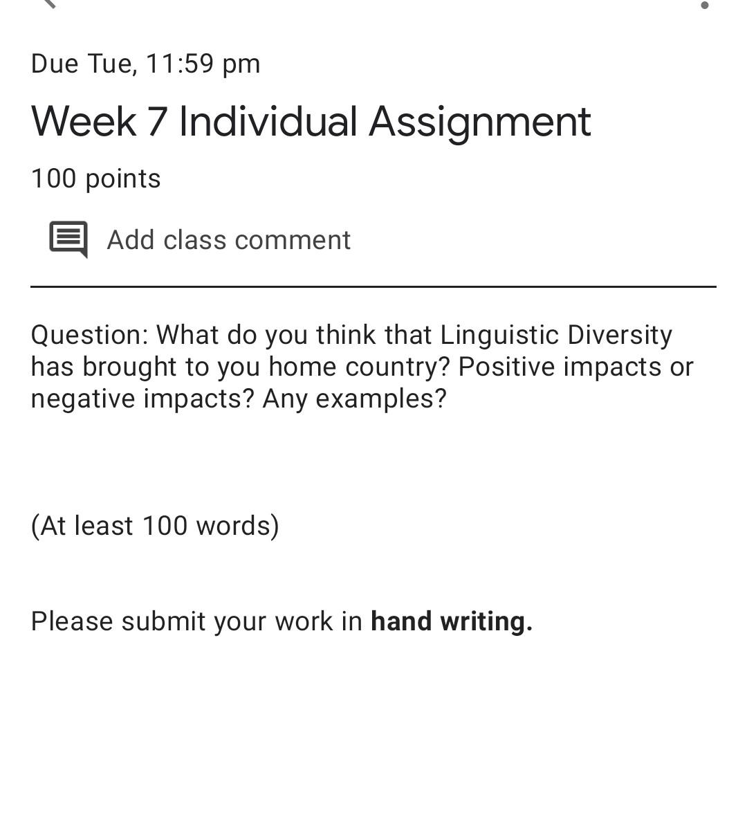 100 words maximum Due Tue, 11:59 pm Week 7