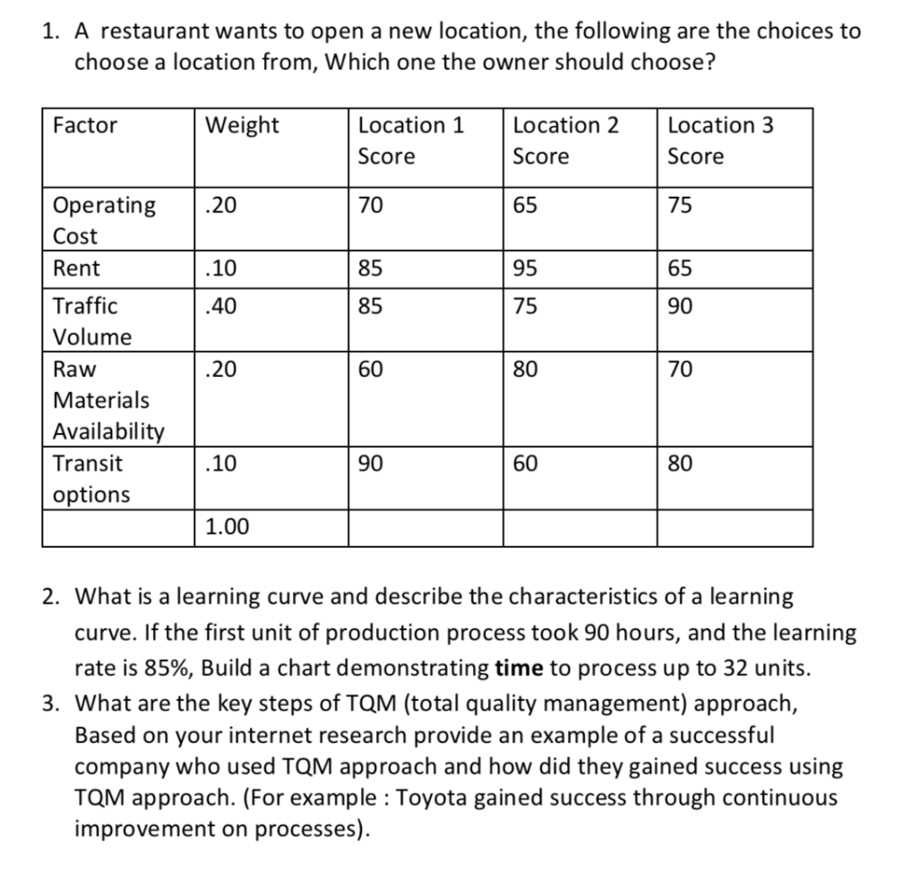 1. A restaurant wants to open a new location, the