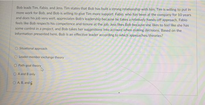 Bob leads Tim, Fabio, and Jess. Tim states that