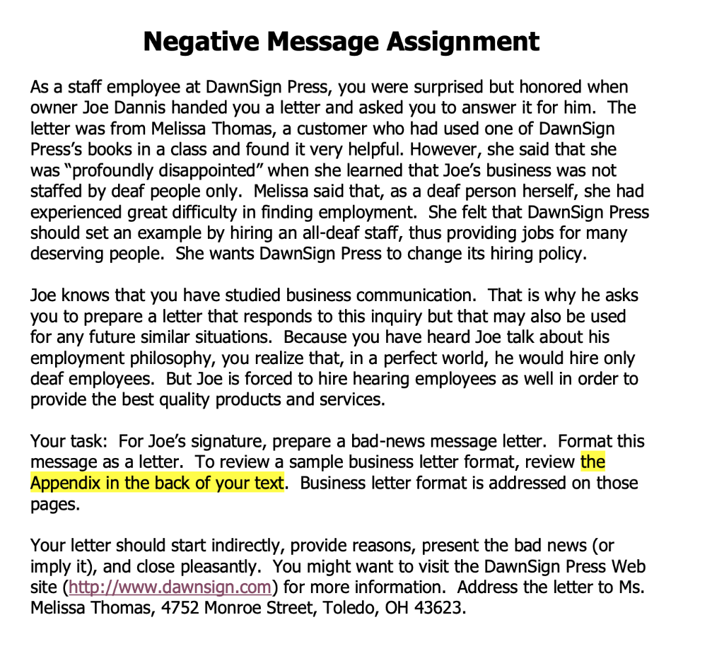 Negative Message Assignment As a staff employee