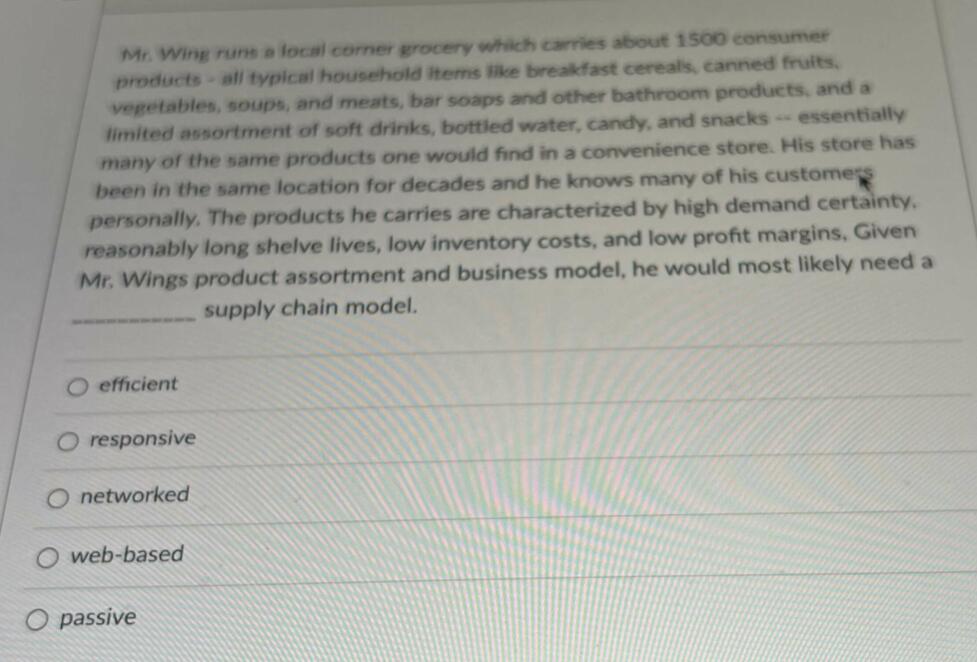 Supply Chain Management Mr. Wing runs a local