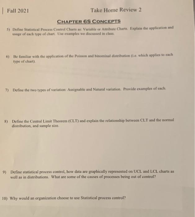 Fall 2021 Take Home Review 2 CHAPTER 6S CONCEPTS