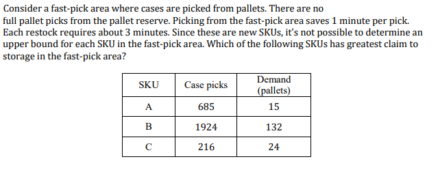 Consider a fast-pick area where cases are picked