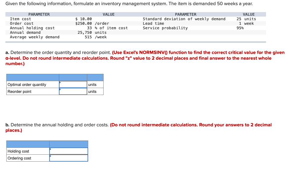 Given the following information, formulate an