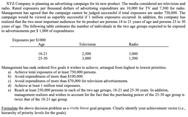 Use Excel or Python or R XYZ Company is planning