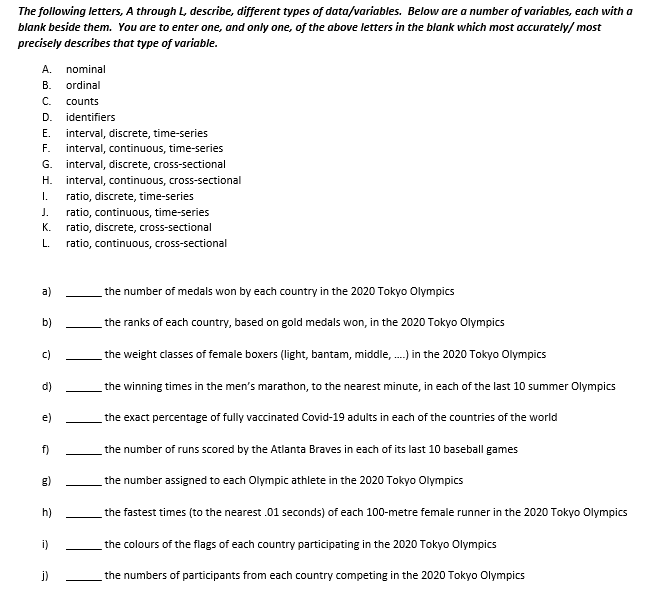 The following letters, A through L, describe,