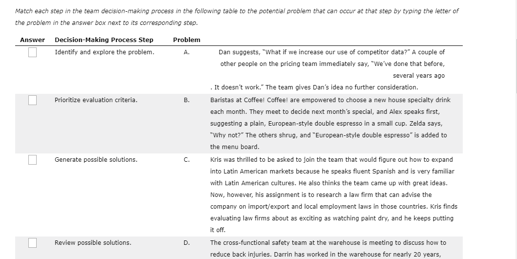 Match each step in the team decision-making