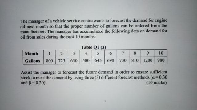 The manager of a vehicle service centre wants to