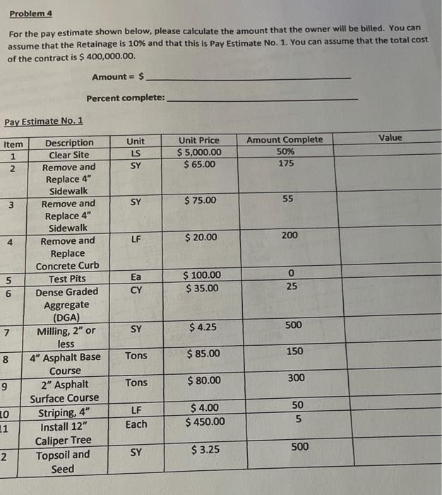 Problem 4 For the pay estimate shown below,