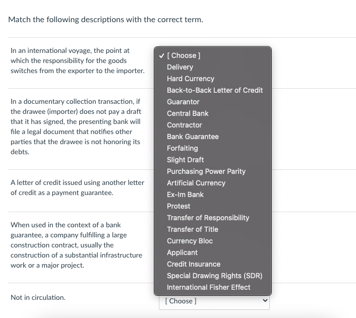 Match the following descriptions with the correct