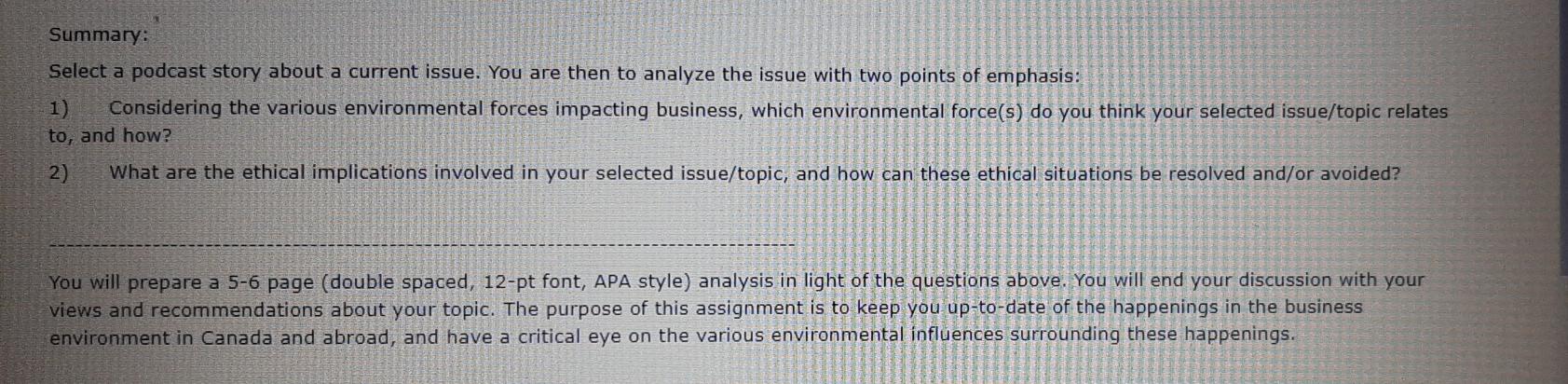 Summary: Select a podcast story about a current