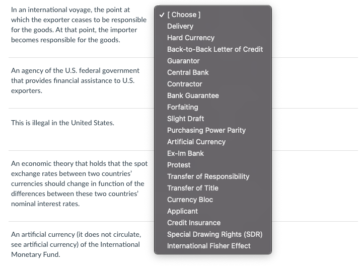 Match the following descriptions with the correct