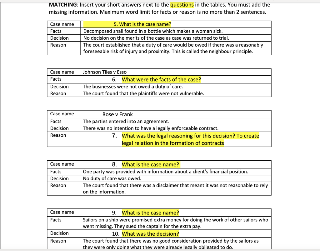 MATCHING: Insert your short answers next to the