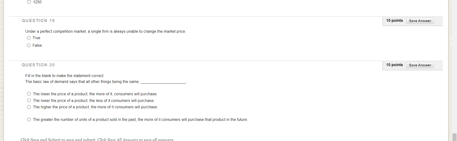 O 1250 QUESTION 19 10 points Save Answer Under a