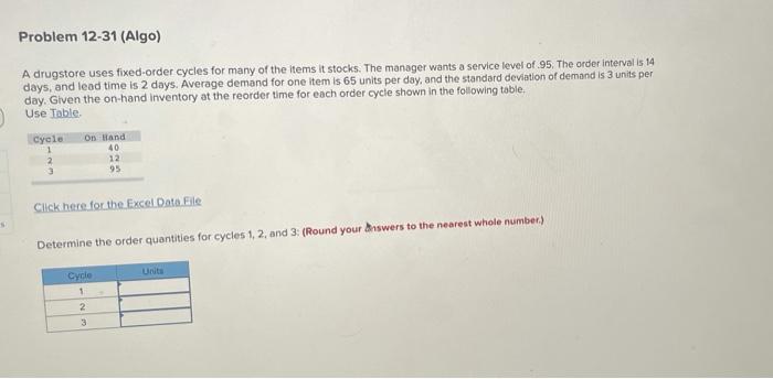 Problem 12-31 (Algo) A drugstore uses fixed-order