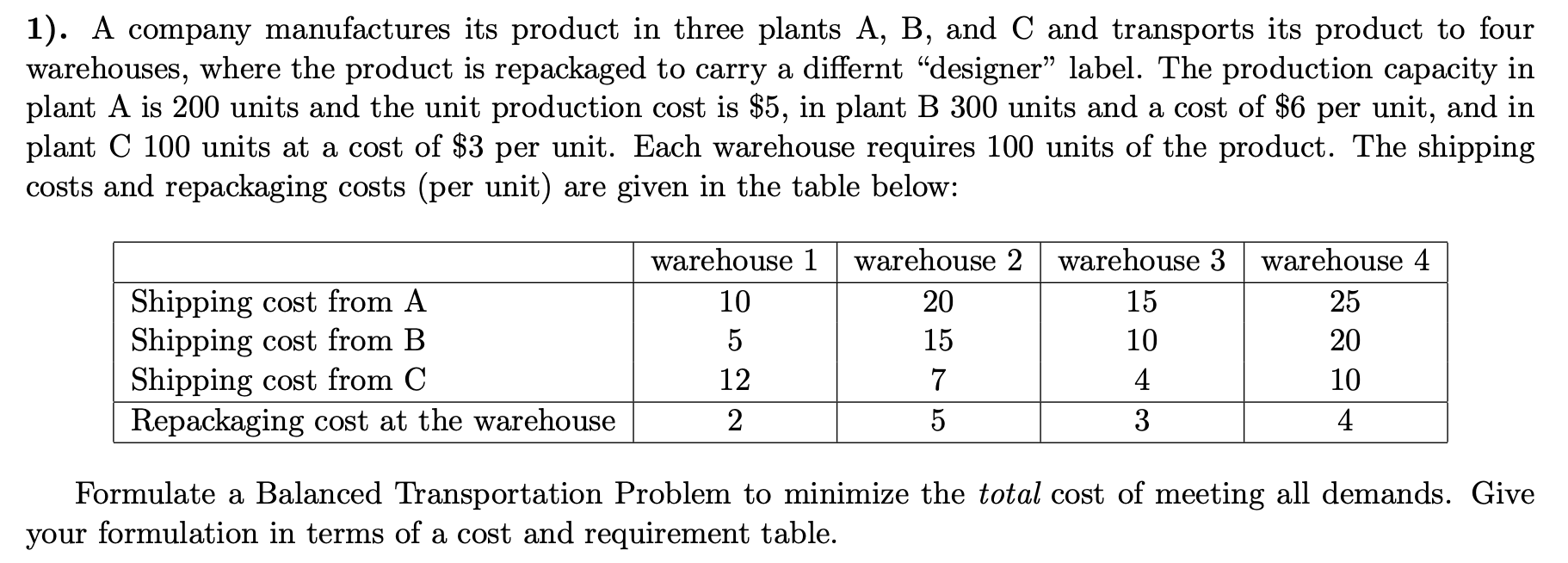 please solve using cost and requirement table.