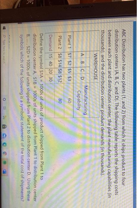 ABC Distribution has two plants (1, and 2) from