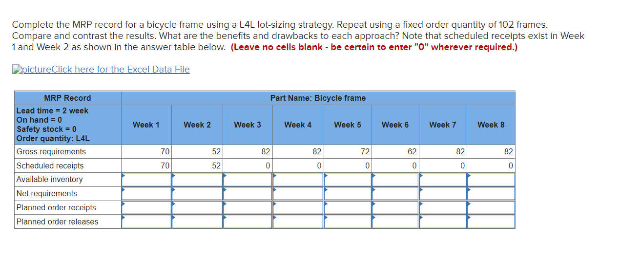 Complete the MRP record for a bicycle frame using